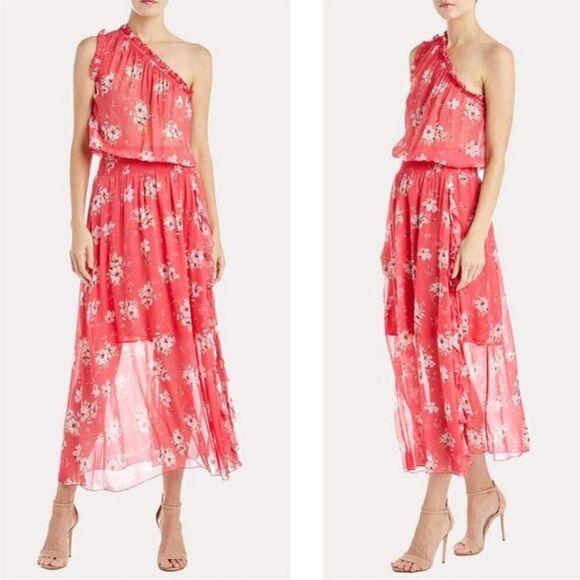NWT Monique Lhuillier Size 6 One-Shoulder Floral Pink Lined Dress - Picture 1 of 13